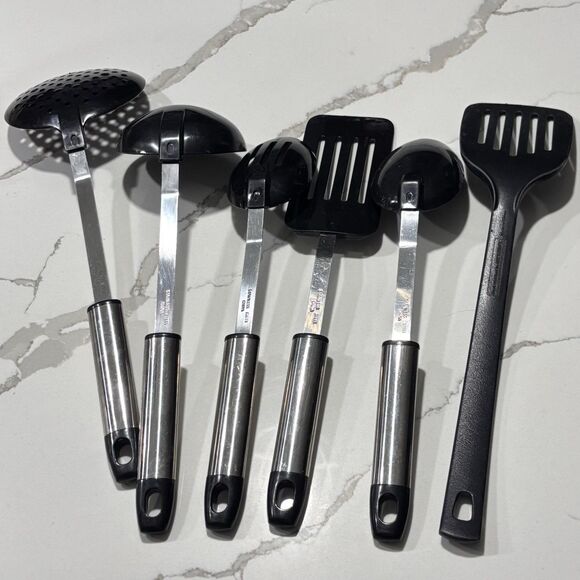 Stainless Steel Black Plastic Serving Utensils 5 Piece Set Spoons Ladle + Turner - Picture 2 of 11